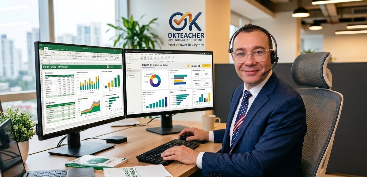 Héctor Ricardo dando clases de Excel y Power BI en vivo frente al computador